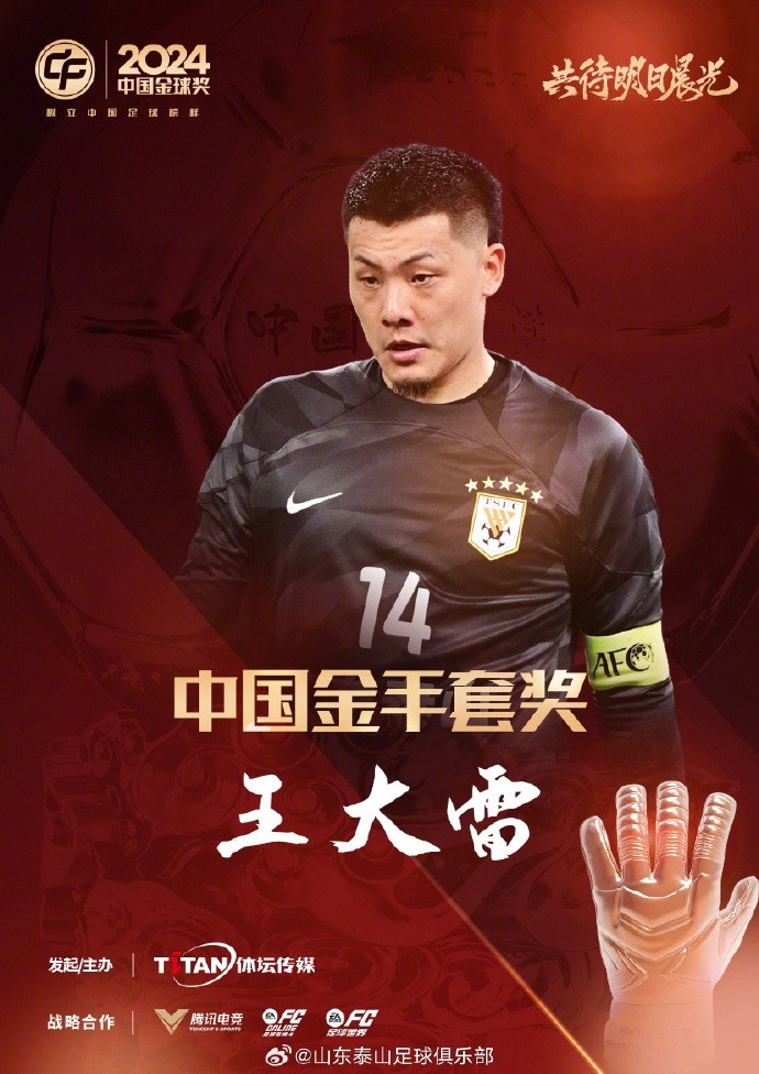  王大雷榮獲中國金手套獎，謝文能入選中國金球獎候選人前三名