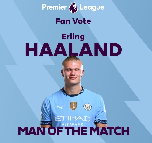  打進致勝球！英超官方：哈蘭德當選曼城1-0熱刺全場最佳球員
